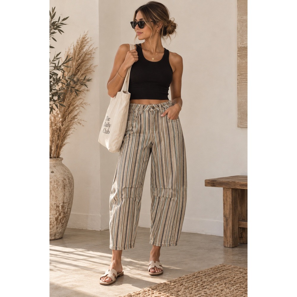 Miou Muse Striped Barrel Pants Cropped High Rise Cotton Small NWOT